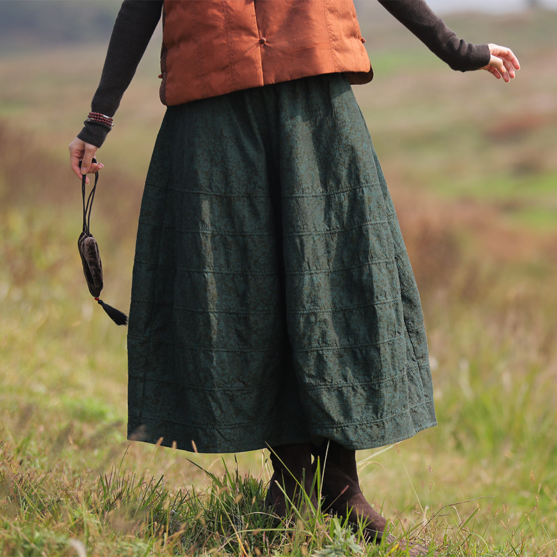 秋冬深绿浮雕提花花苞裙丝棉经典半身裙中长裙带抽绳慢慢变蓝原创