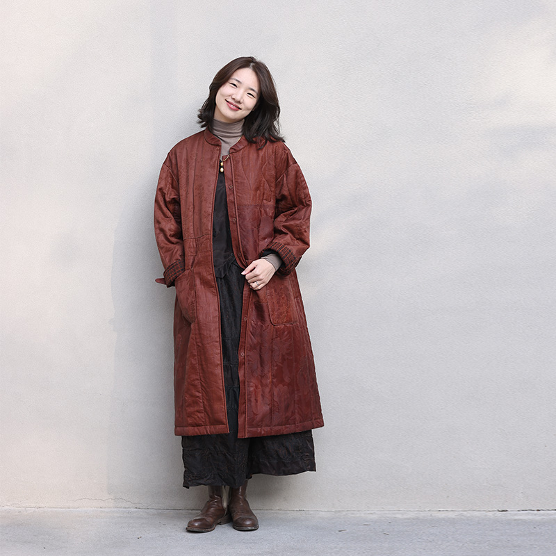 慢慢变蓝原创 秋冬定制重磅提花红云纱新中式长款棉衣夹棉棉袄