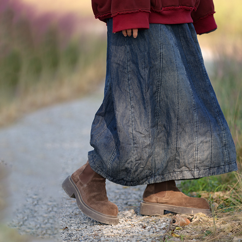 慢慢变蓝 荼 秋冬牛仔半裙A版夹棉重磅砂洗显瘦通勤文艺复古半裙