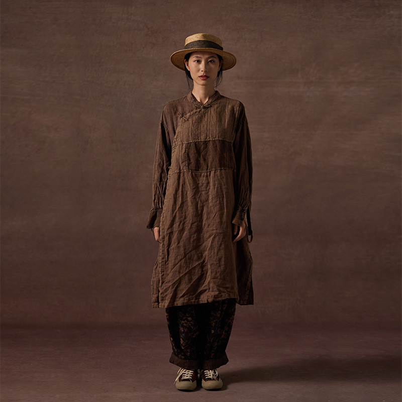 慢慢变蓝原创 荼 中式斜襟亚麻连衣裙袍子泥染拼接盘扣外套