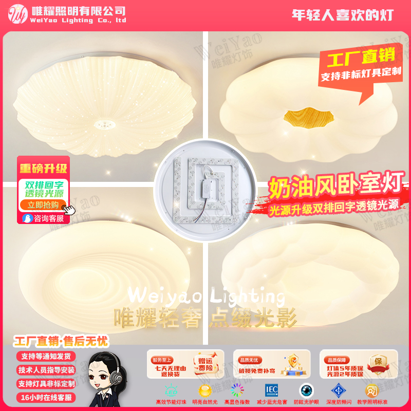 奶油风卧室书房主卧吸顶灯新款灯具儿童房男孩女孩房间滚塑吸顶灯