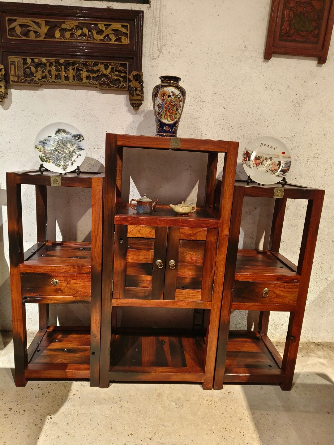 百年古船品牌老船木花架置物架三件套复古客厅家用简约