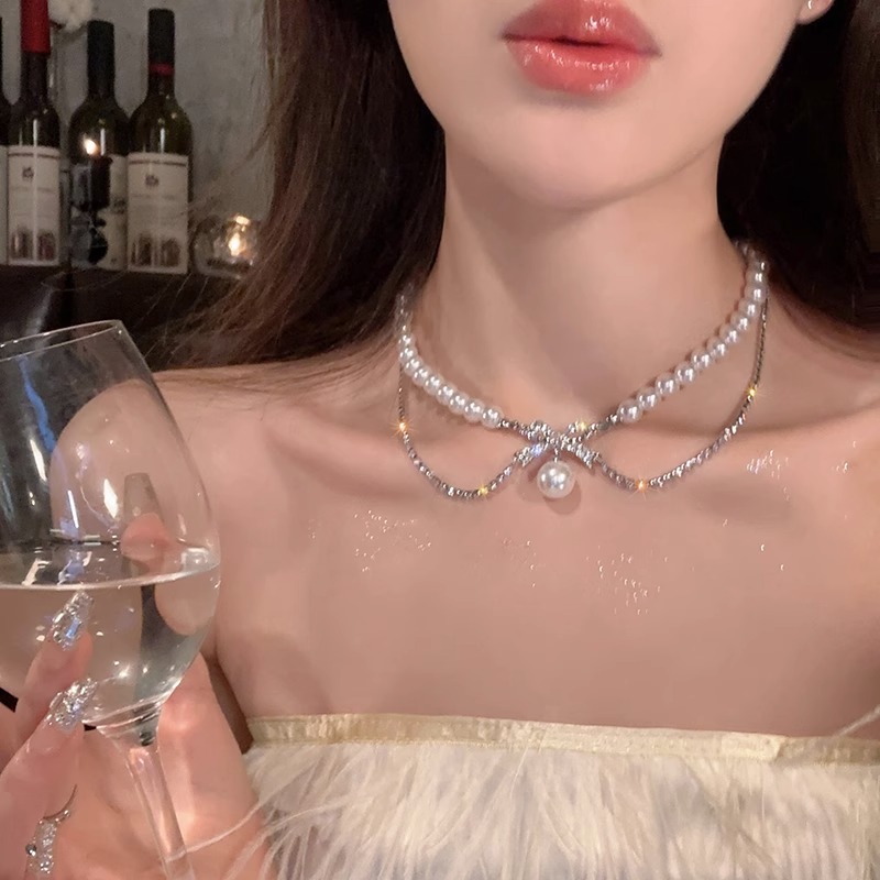 浪漫出逃~双层蝴蝶结仿珍珠项链女轻奢小众优雅贵气锁骨链颈链潮
