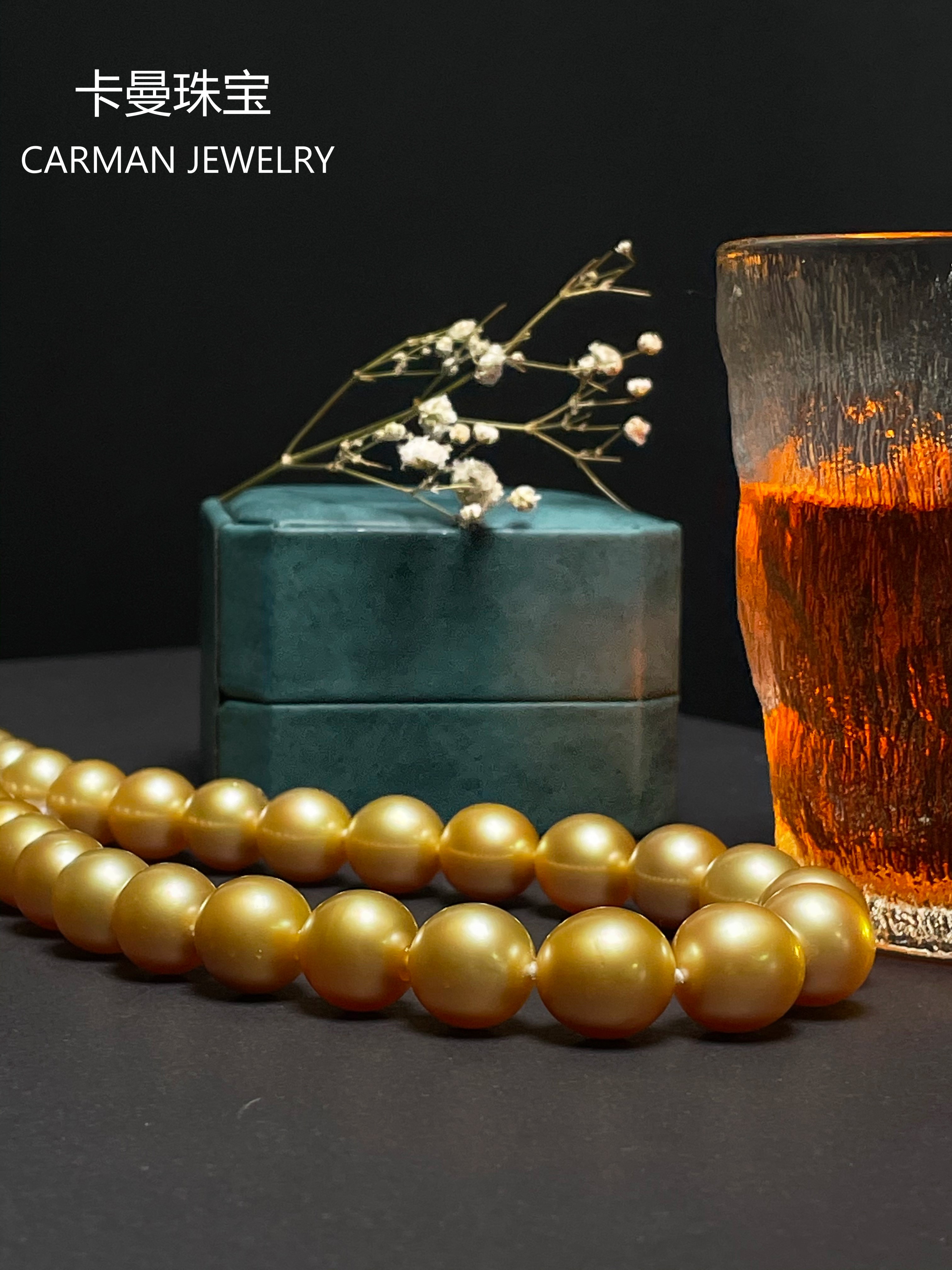 菲律宾珍珠南洋金珠满串项链12-14mm浓金强光时尚元宝扣镶嵌气质