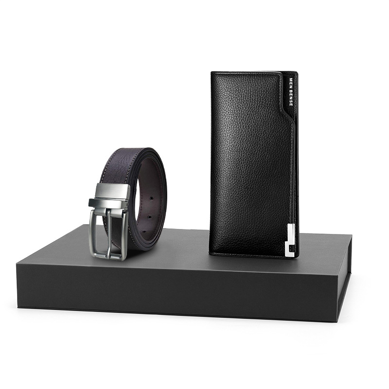 现货钱包皮带男士休闲双面两用真皮针扣高档送礼头层牛皮腰带礼盒