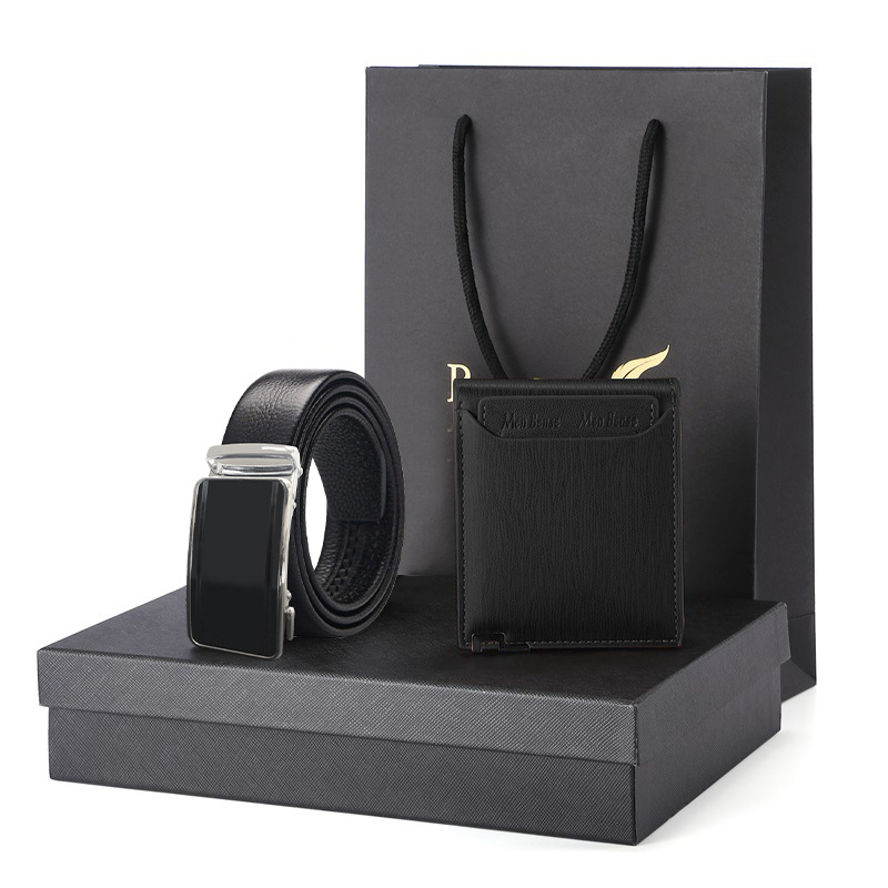 现货黑色猪肠带皮带钱包礼物套装礼盒男真皮短款牛皮钱夹男士腰带