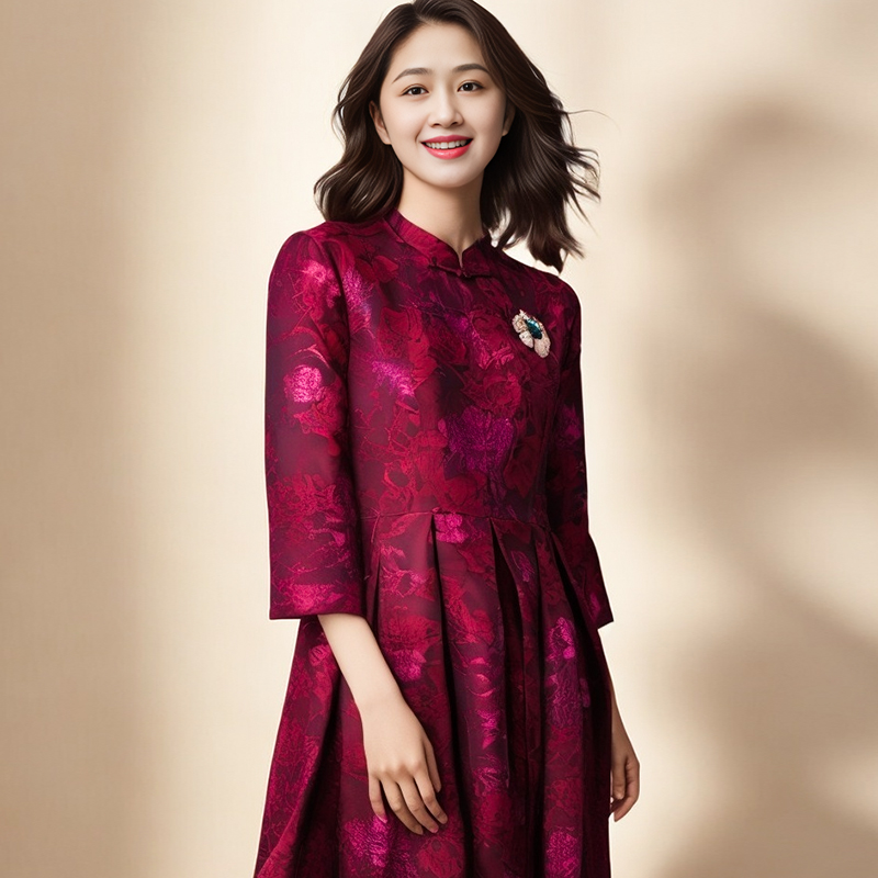 【思琪精选】春季新款旗袍改良版连衣裙新中式红色提花日常中长款