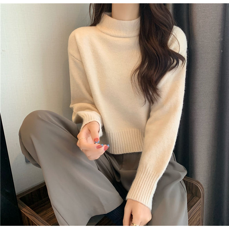 短款上衣配高腰裤杏色中领毛衣女冬小个子加厚针织打底衫内搭