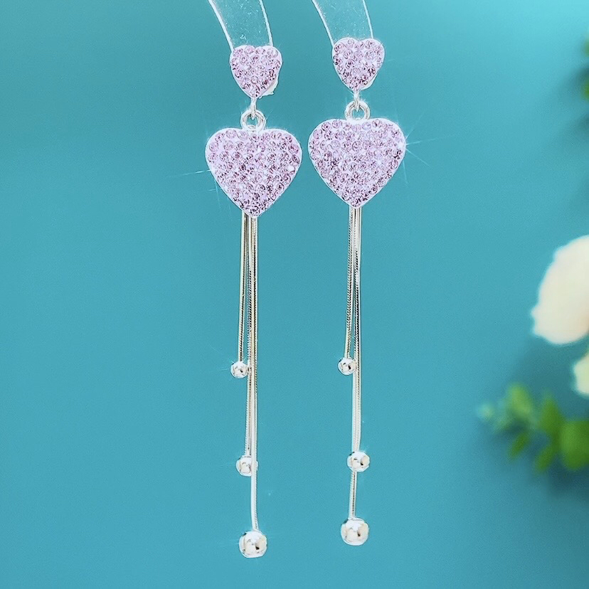 925银合成锆石耳饰 流苏爱心耳环纯银仙气长款紫色耳坠气质耳饰