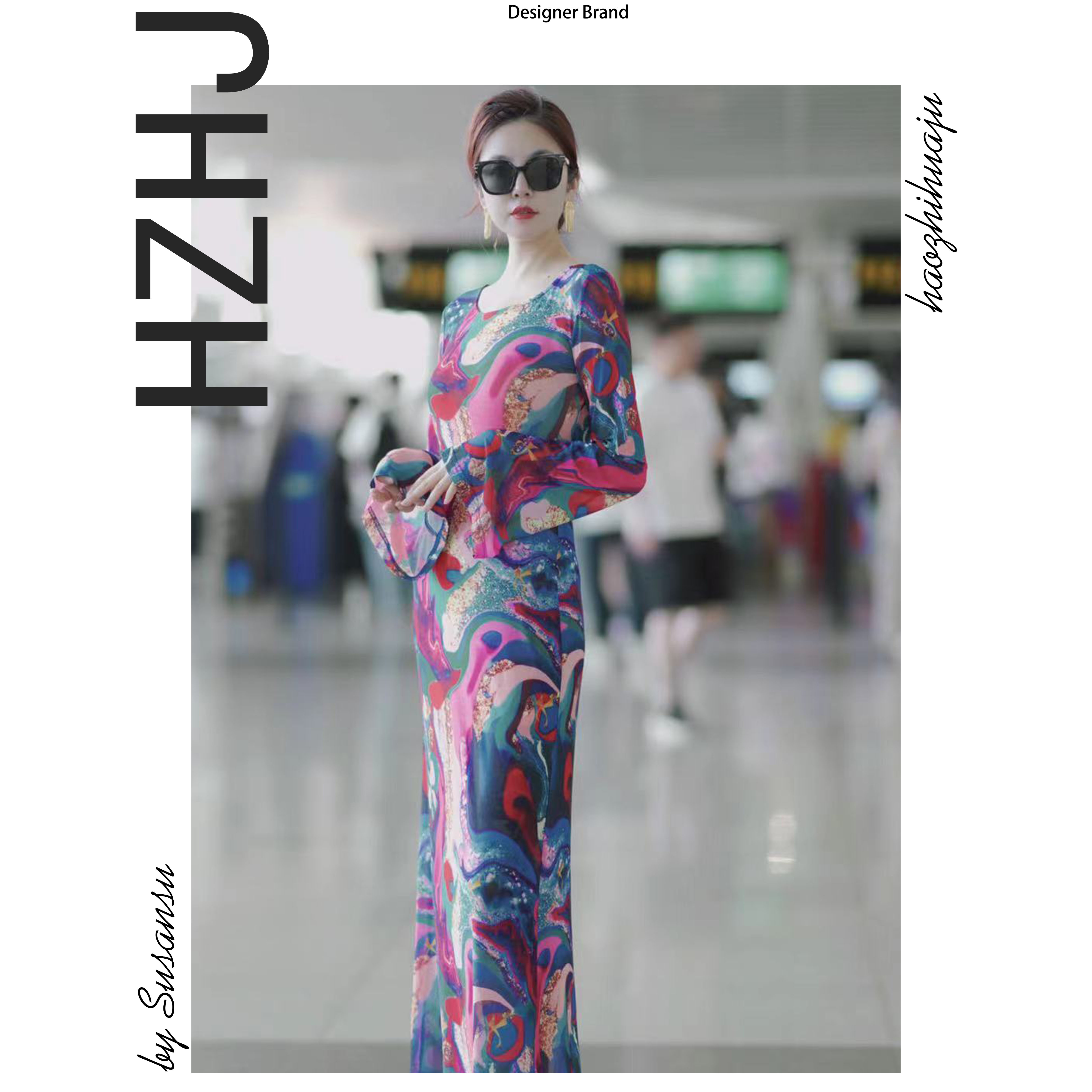 HZHJ新款设计师款粉紫流沙连衣裙显白显瘦气质高端贵族938