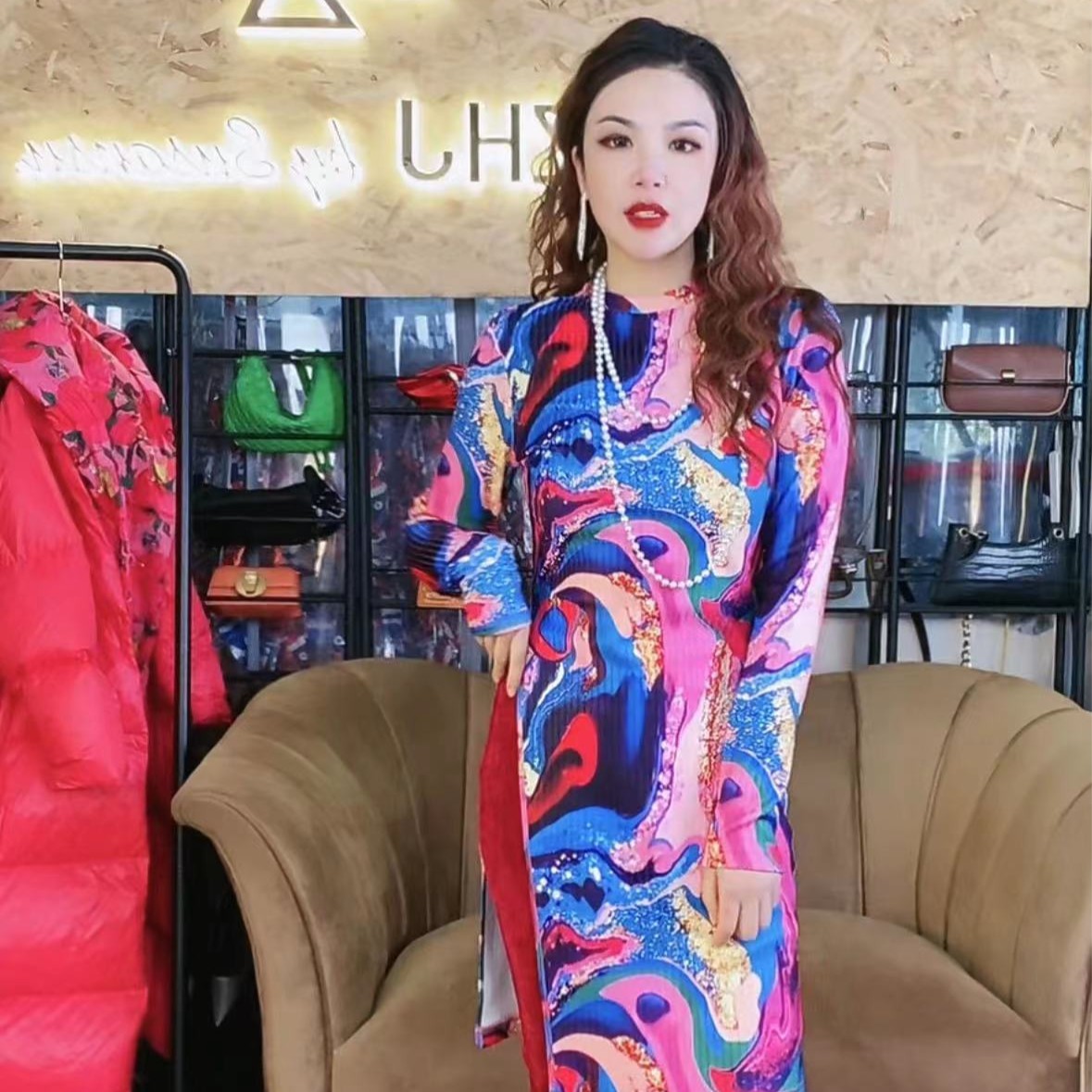 HZHJ原创设计师款 流沙长款裙 印花长袖修身显瘦高级通勤小众