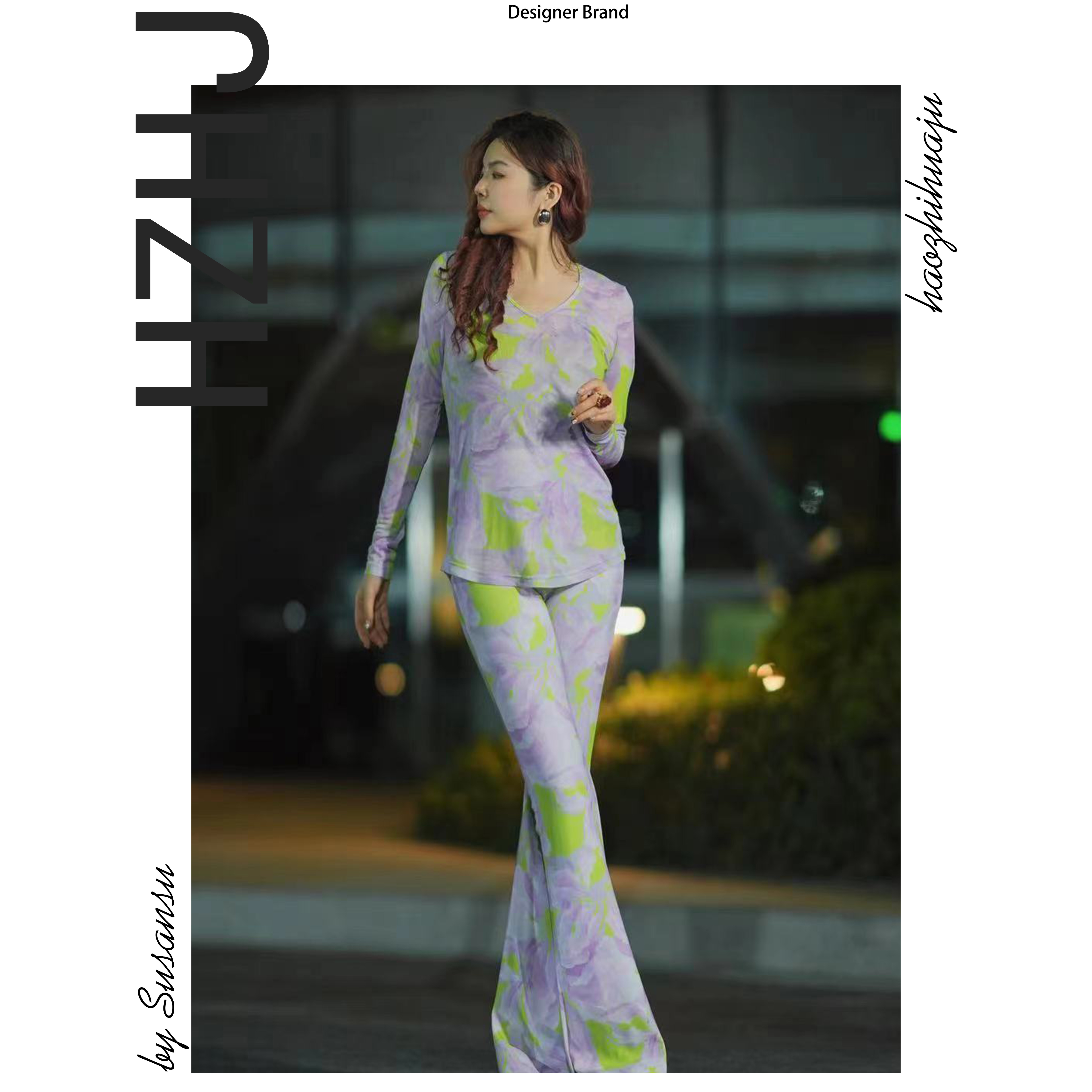 HZHJ新款福利！紫间绿意V领上衣SY1697