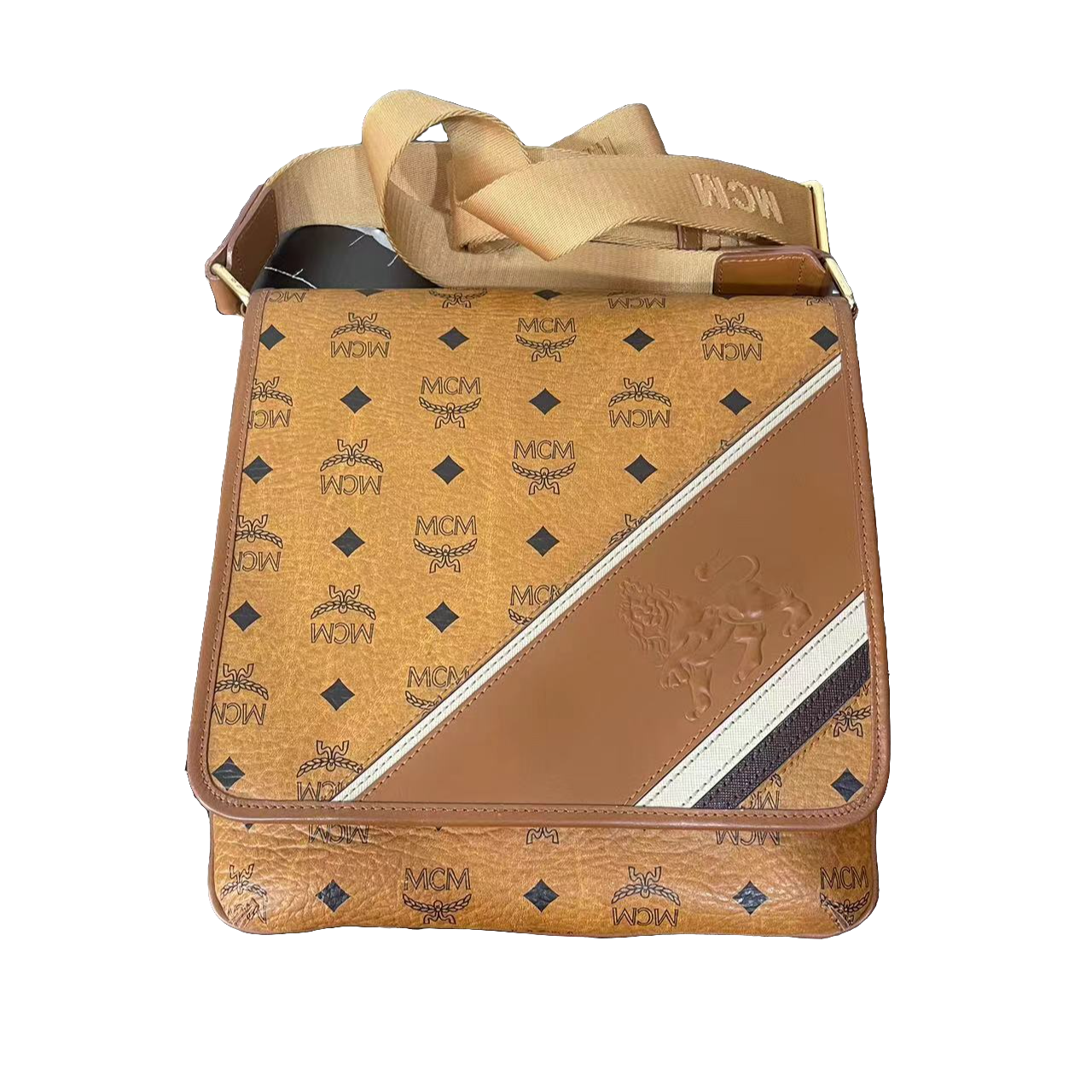 95新 MCM 男包奢侈品97新 百搭 中号经典印花卡其单肩斜跨包/0329