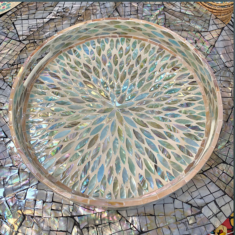 轻奢风圆形满贝水蓝调全彩贝壳圆形托盘水果盘