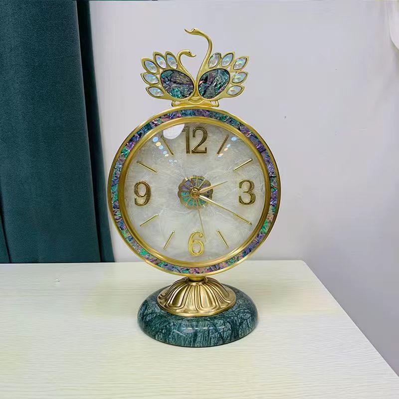8345天鹅款轻奢座钟客厅台式钟表简约黄铜摆件直径17高29底座13cm