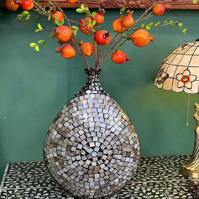 轻奢风贝壳手工镶嵌复古黑色花瓶热卖新款高46宽30cm