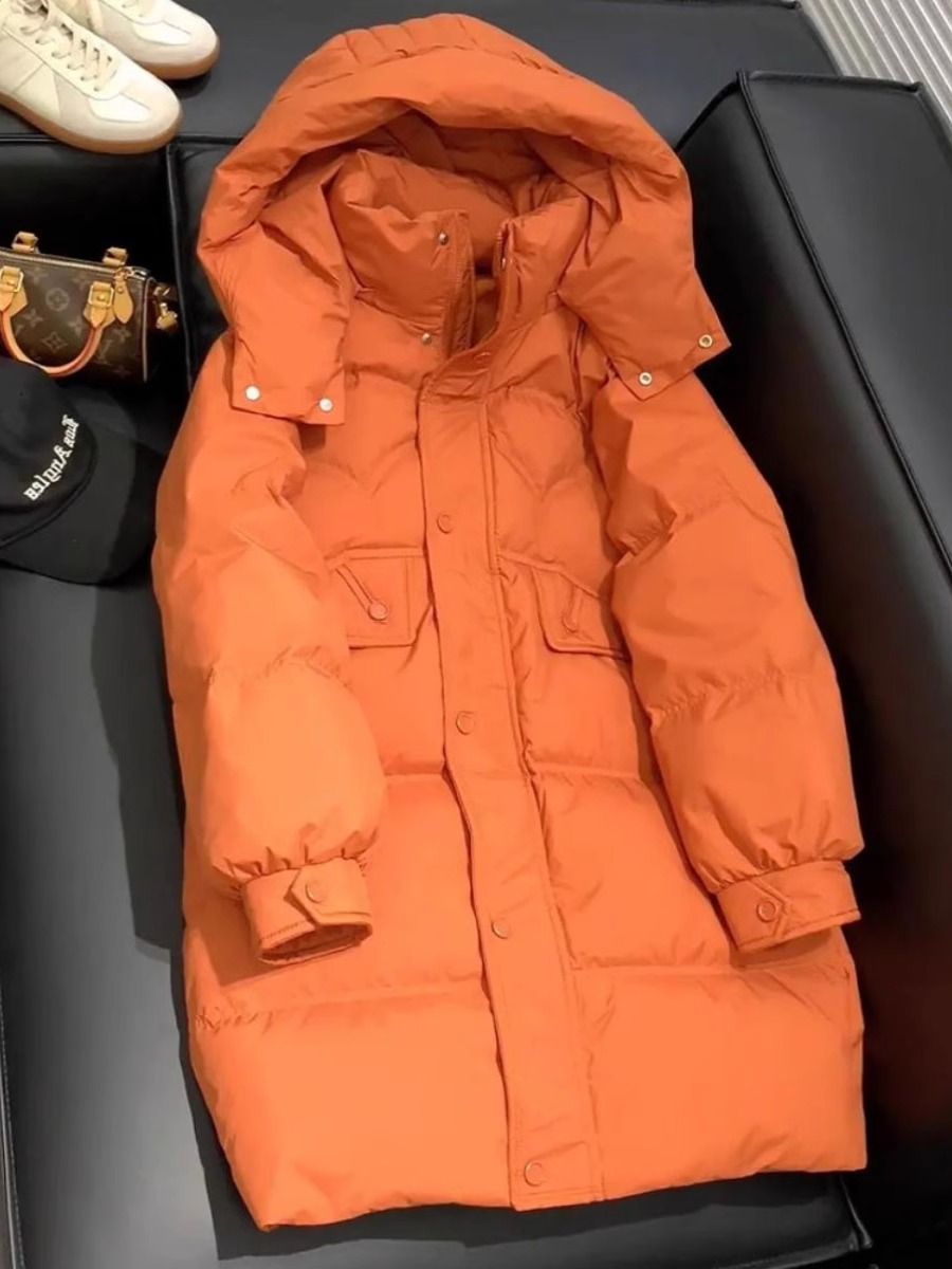 羽绒服欧日韩范橙色连帽女加厚中长款冬季保暖外套小个子高羽绒服