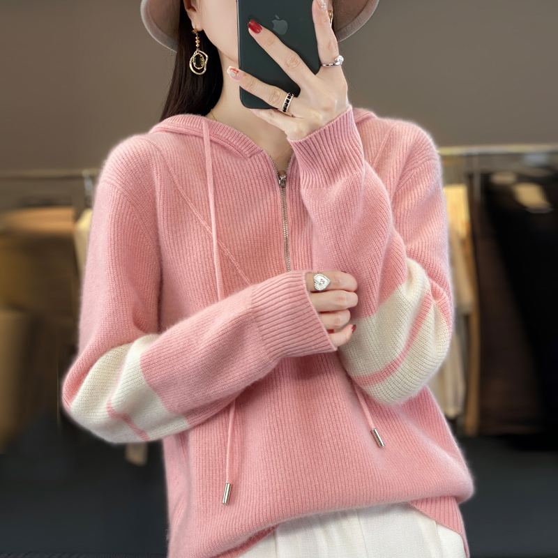 秋冬连帽卫衣纯羊毛帽衫女宽松套头针织衫慵懒风半开衫毛衣  