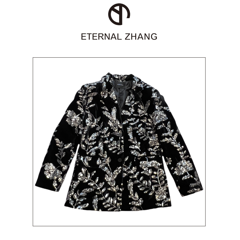 【ZY-原创&设计】高级定制银色亮片设计师绣花款西装外套 W0077