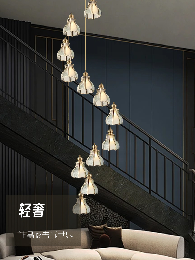 楼梯长吊灯全铜欧式轻奢美式简约公寓复式楼梯间跃层中空别墅吊灯