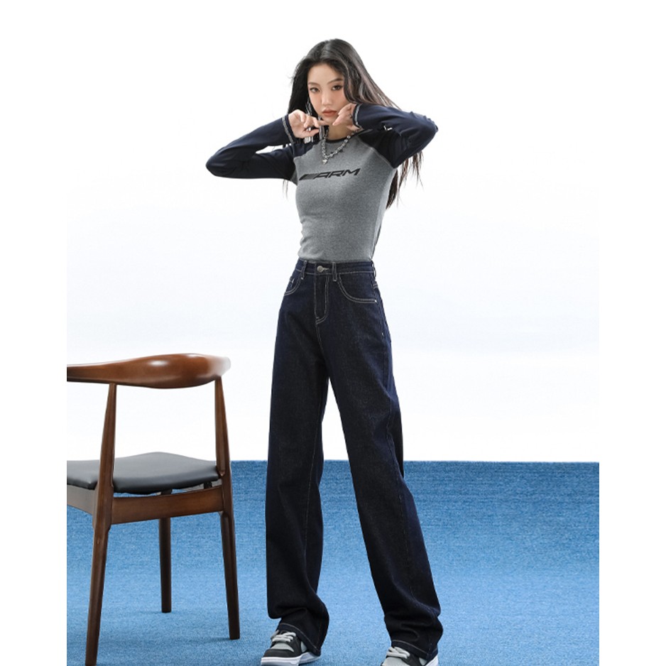 深蓝色阔腿牛仔裤女秋冬款2023新款高腰直筒宽松垂感不掉色拖地裤