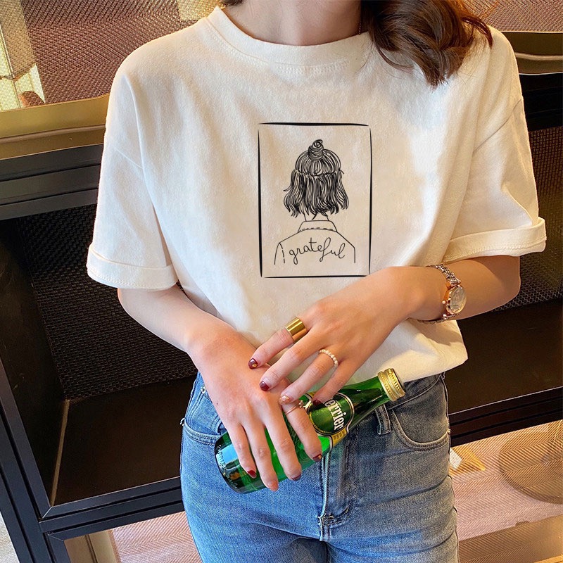 夏季时尚百搭半袖印花T恤圆领女款