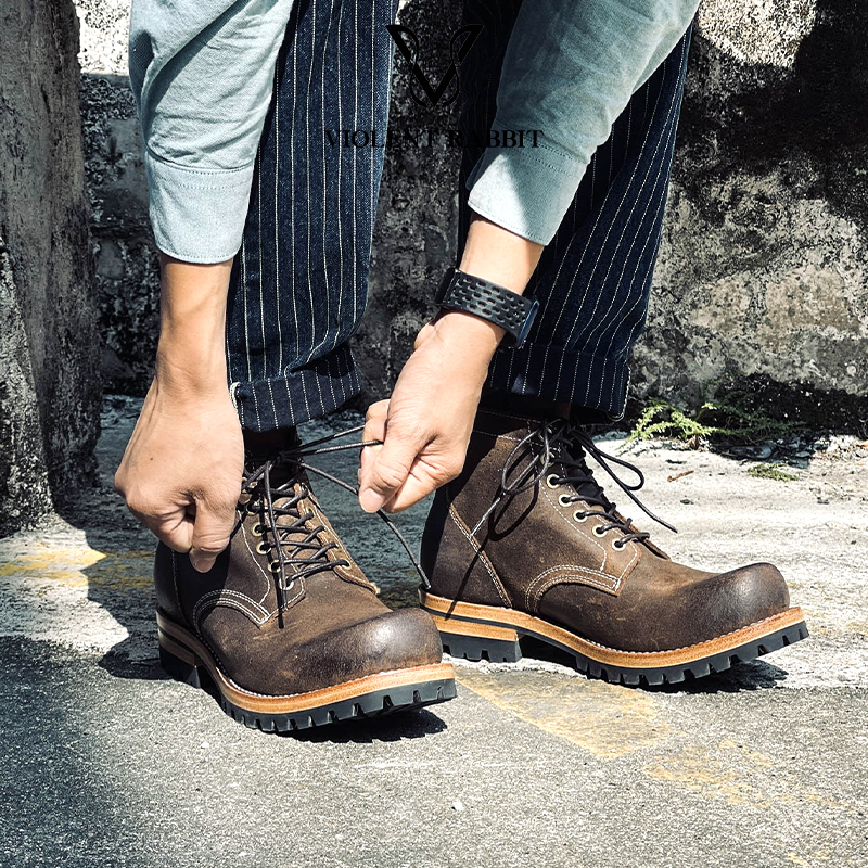 VR兔爷A310咖色腊肉矿工靴手缝沿条工装靴男固特异短靴真皮靴子