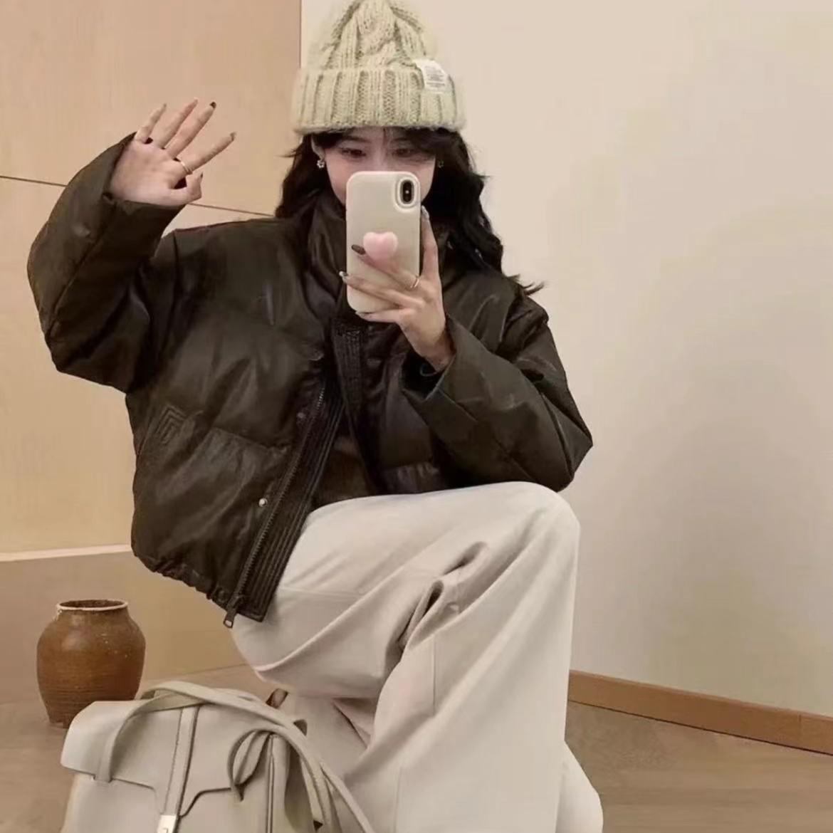 免洗pu皮羽绒服女短款新款冬季加厚立领面包服小个子肯豆风li3