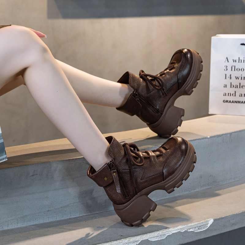 雨土2024秋冬季厚底马丁靴女小个子圆头复古百搭女鞋短靴加绒棉鞋