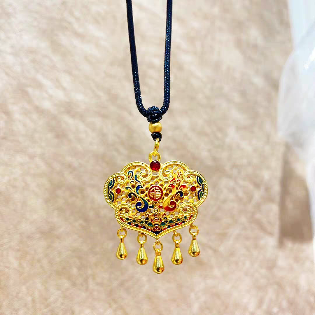 合金吊坠 镂空古风龙凤呈祥锁素款编绳手工项坠挂坠项链黄金饰品