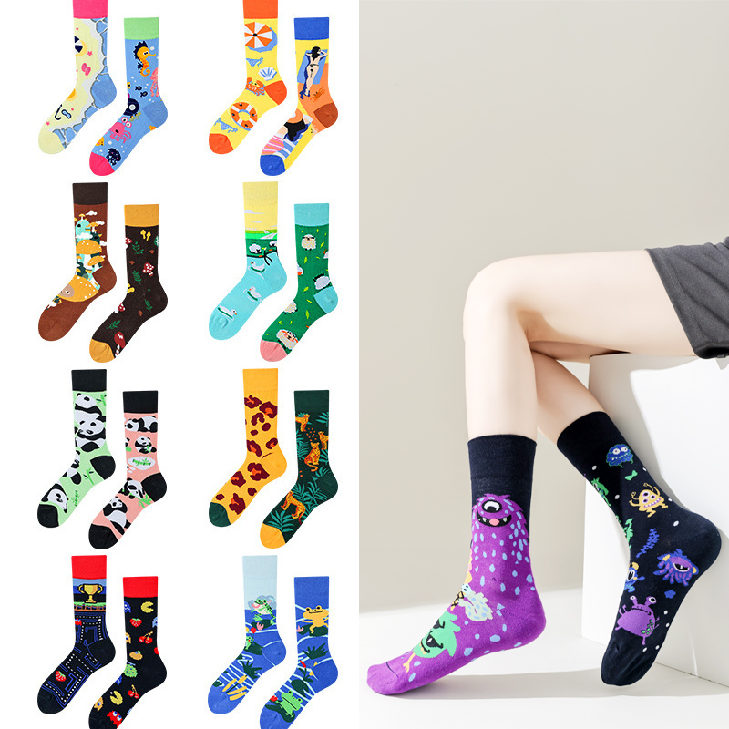 原创男女同款棉中筒袜卡通撞色日系个性外穿百搭AB不对称袜子秋冬