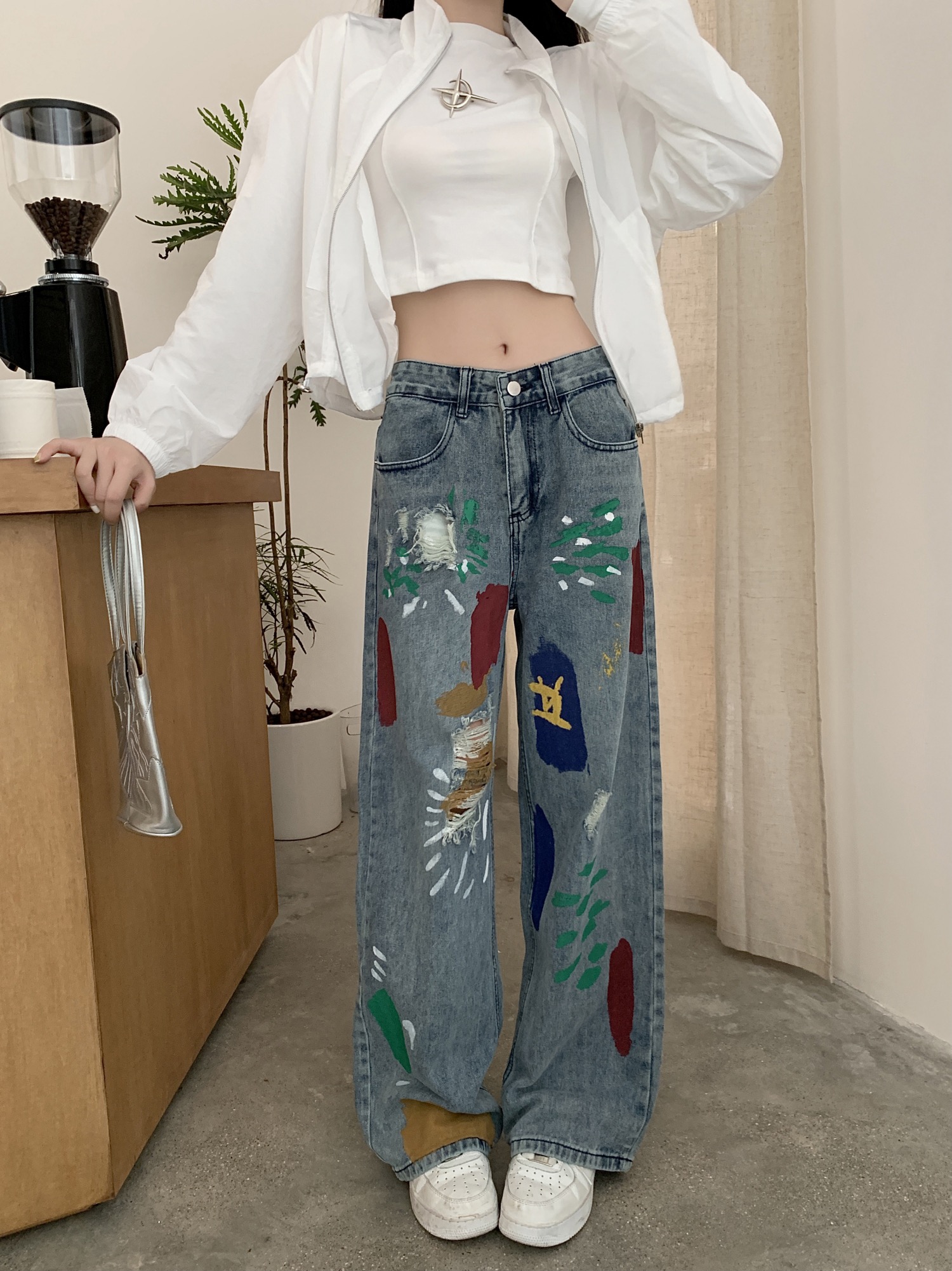 【卡通涂鸦】秋冬高街时髦潮流设计感动物印花长裤阔腿牛仔裤女