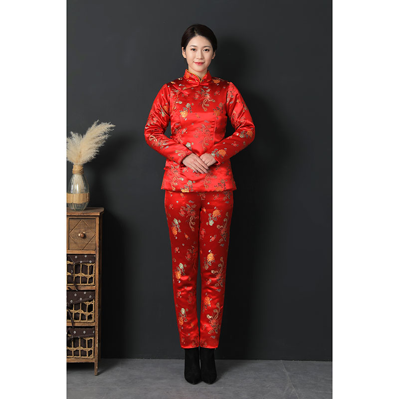 女锦缎结婚套装复古盘扣中国风礼服斜襟对襟棉袄棉裤手工加厚棉服