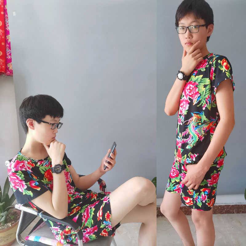 男短裤T恤套装圆领东北大花短袖上衣沙滩裤棉绸大裤衩休闲学生服