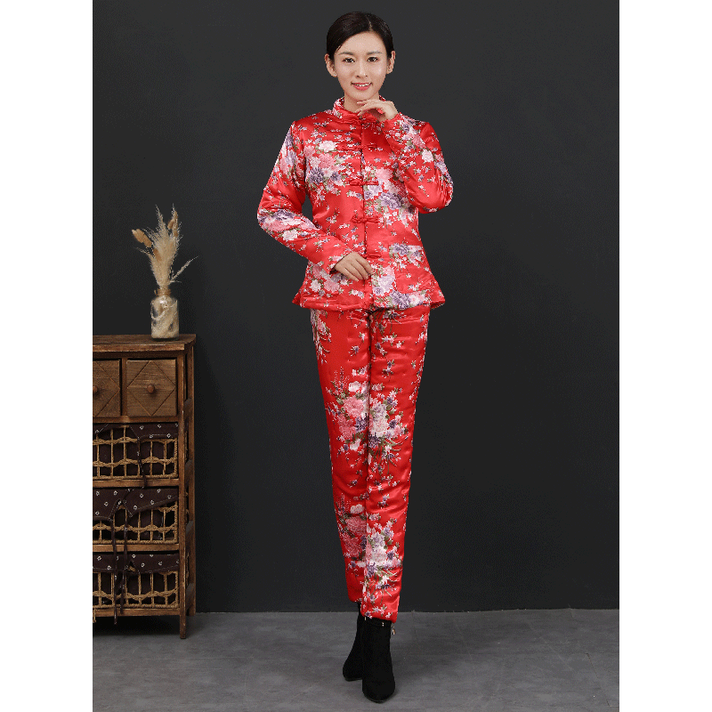 新款女对襟手工棉花棉衣棉裤套装仿真丝立领修身民族风休闲居家服