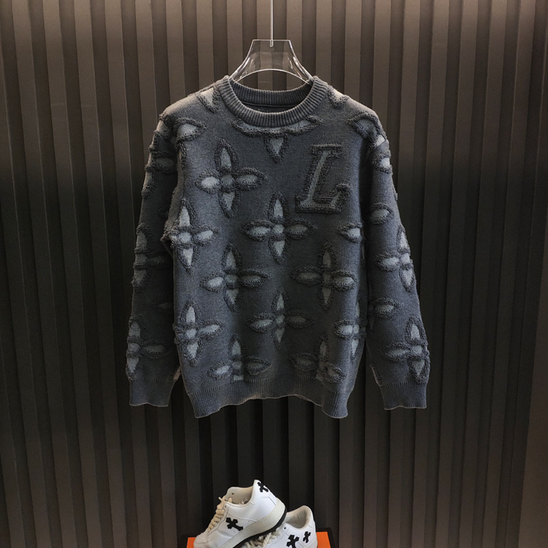 高端奢侈品毛衣针织提花编织圆领毛衣外套男士轻奢加厚保暖内搭