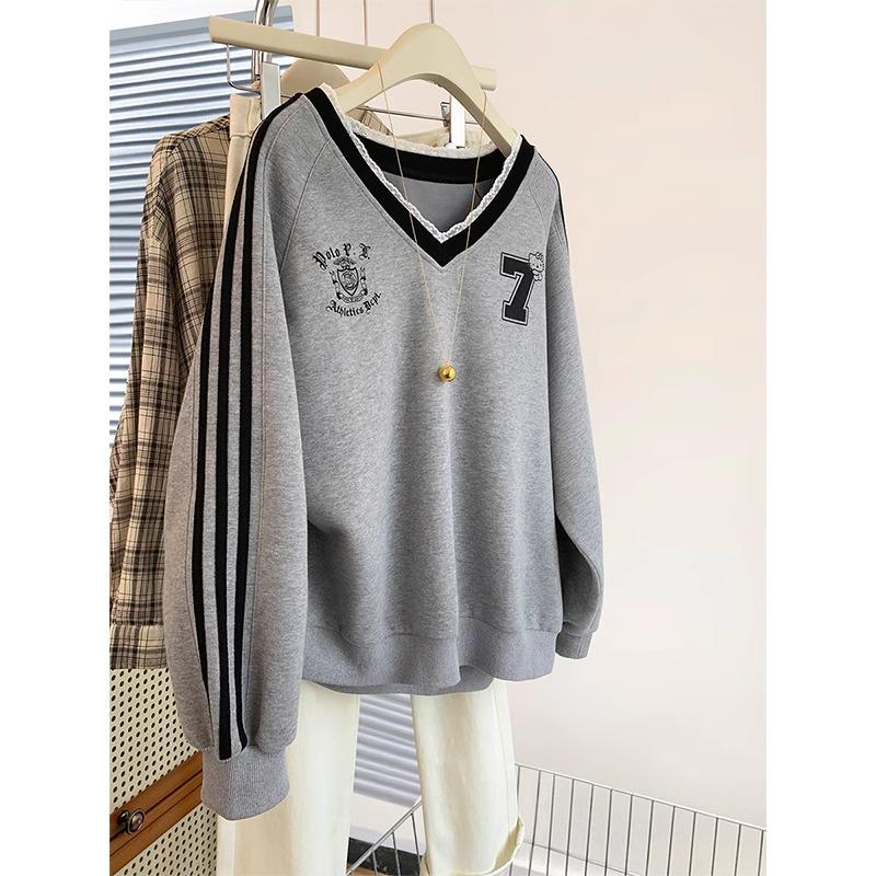 2025新款大码美式灰色v领卫衣女秋冬款设计感小众宽松慵懒风外套