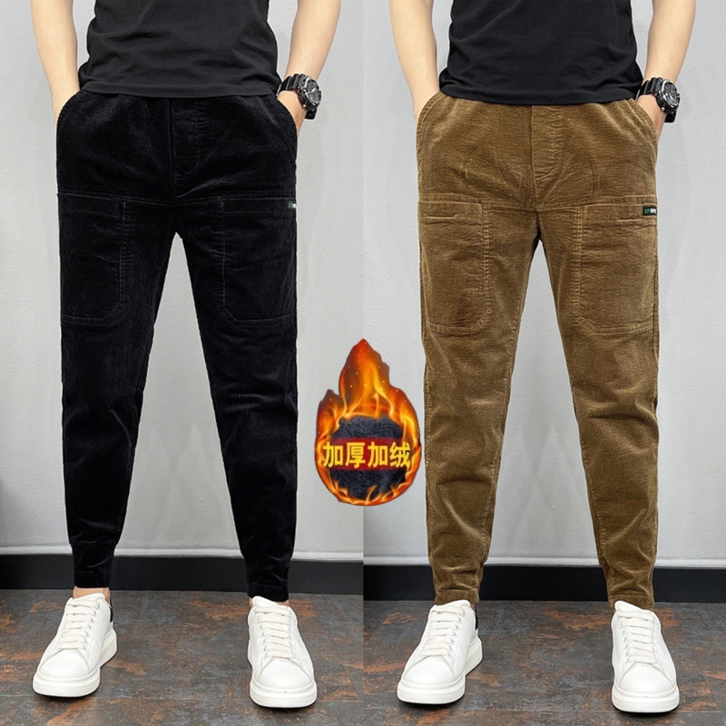 秋冬季加绒款百搭小脚条绒休闲裤灯芯绒六口袋多兜裤子男长裤男裤