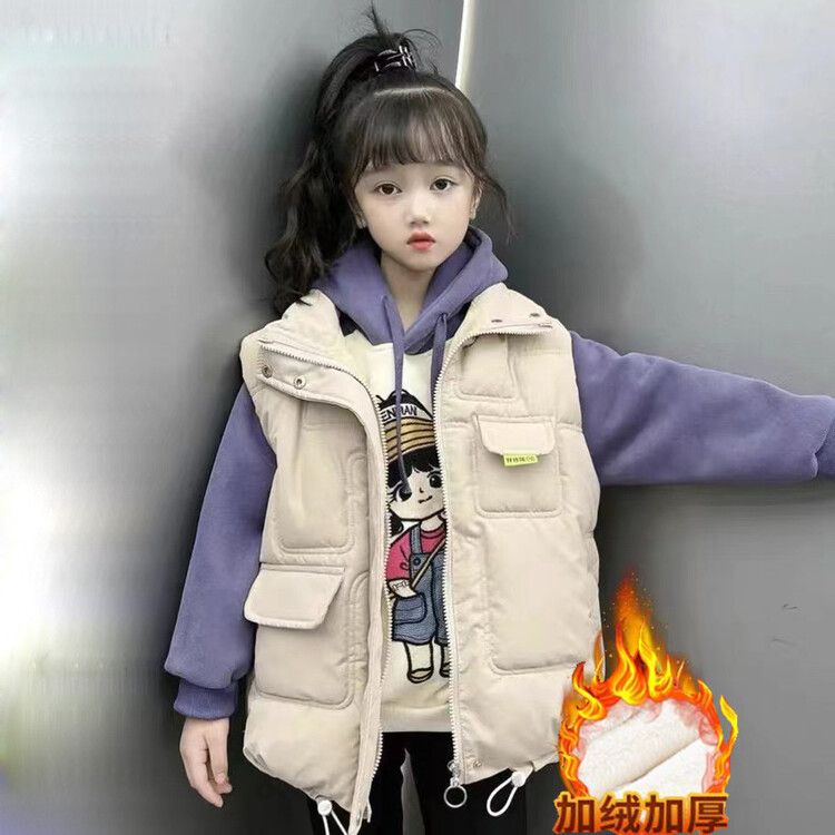 女童棉马甲秋冬2023新款儿童连帽背心马夹女大童冬季加厚新年童装