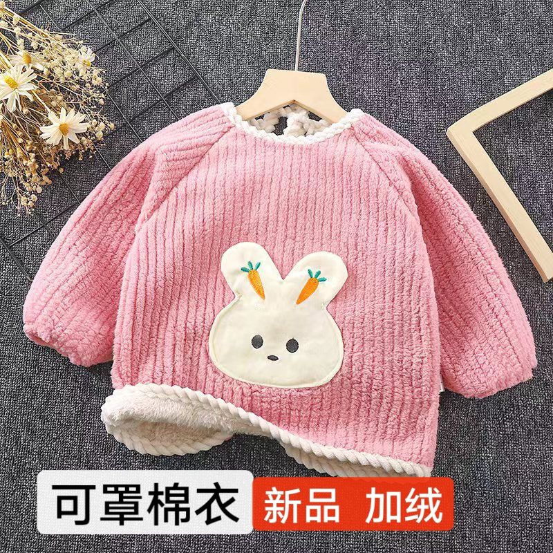 罩衣婴儿加绒加厚反穿衣01岁儿童罩衣冬季宝宝2耐脏围兜新年童装