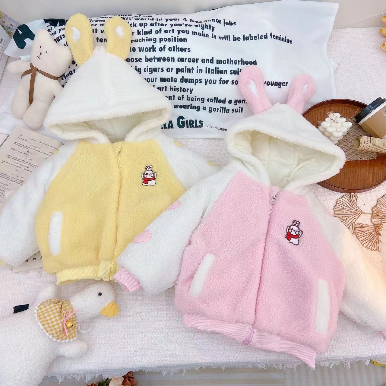 冬款新款女童可爱立体小兔子加绒连帽外套  D-FE93