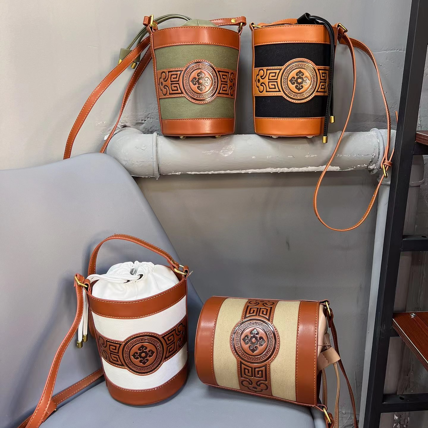 民族风休闲百搭帆布圆水桶包