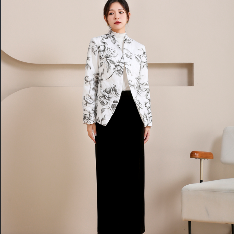 时尚休闲气质长袖覆纱印花秋冬碎花棉衣薄款女士