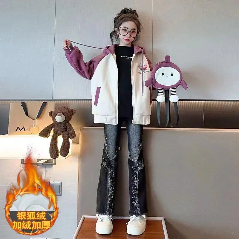女童卡通加绒外套冬装2024秋冬新款韩版连帽开衫卫衣网红女孩上衣