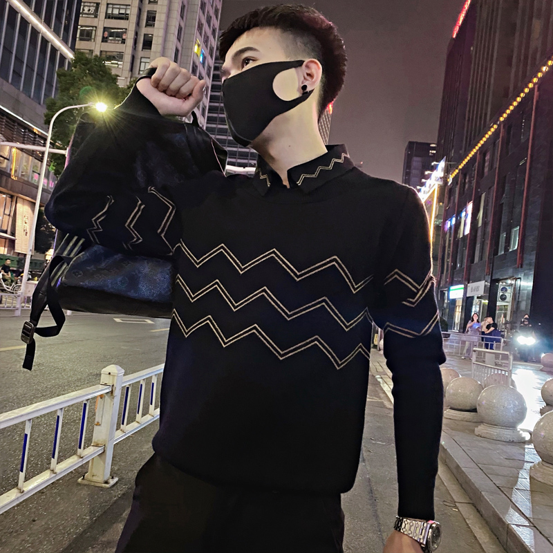 假两件毛衣男士2022秋冬季潮流内搭打底衫加绒线衣痞帅针织衫外套