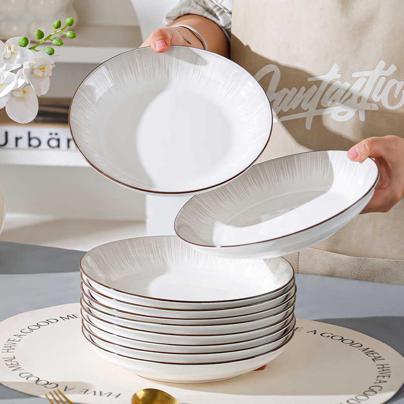 10个装菜盘子家用陶瓷炒菜盘新款菜碟子深盘7/8英寸高颜值圆盘子