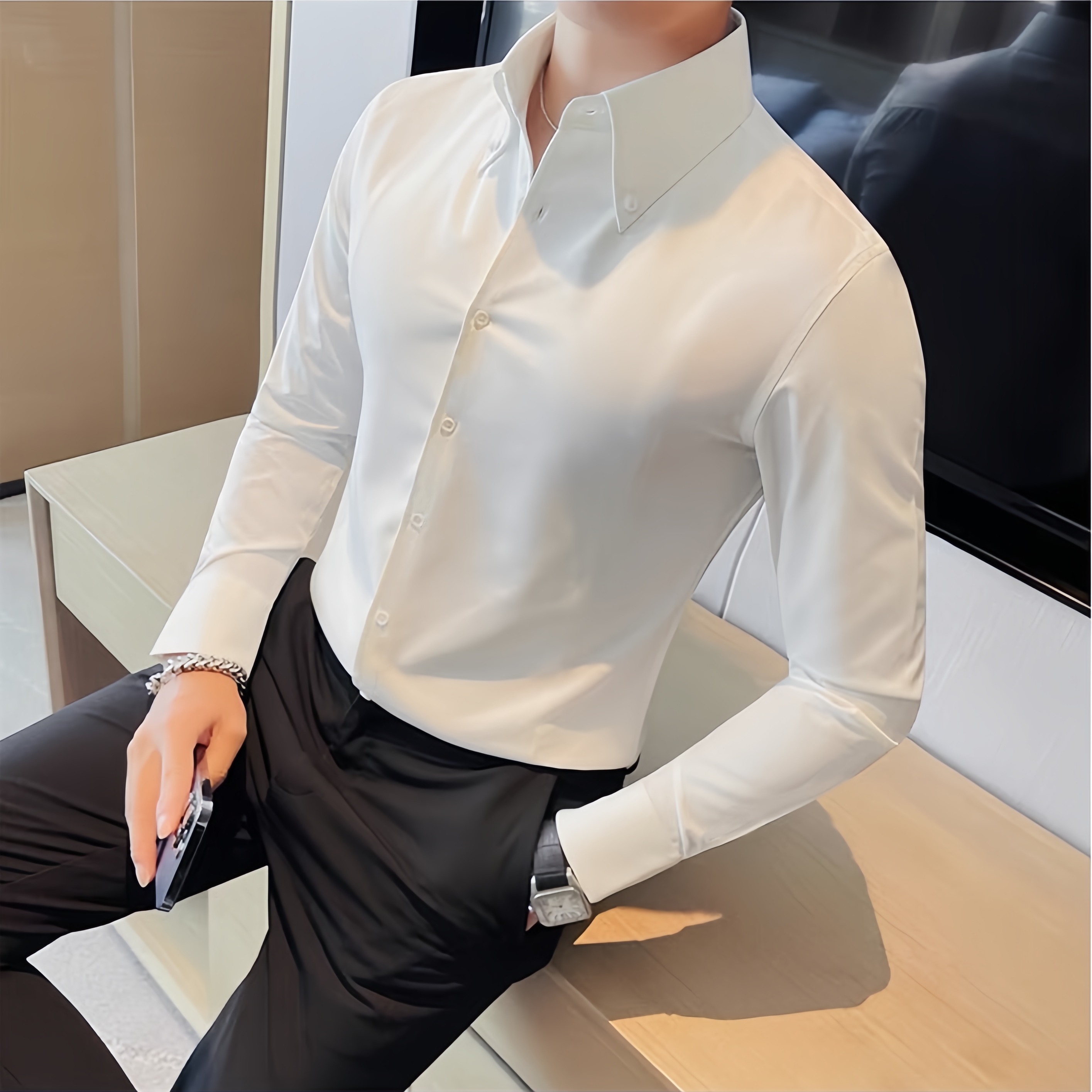 秋季韩版修身大领子百搭白衬衫痞帅纯色职业长袖衬衣帅气西装衬衣