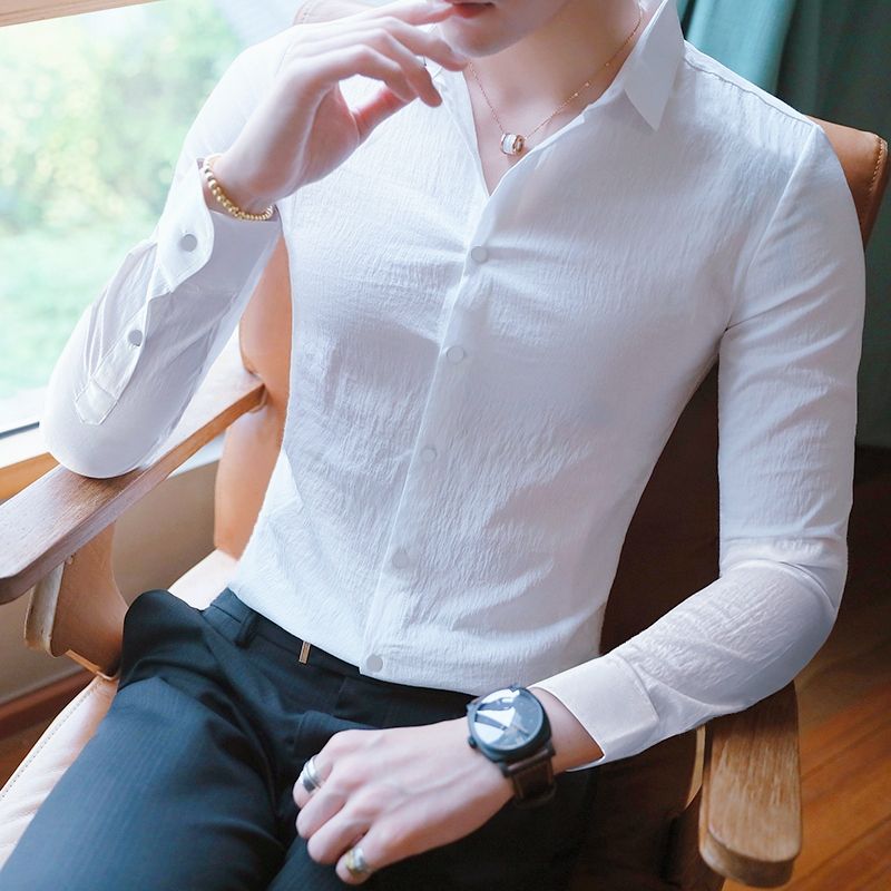 春秋长袖男士衬衫韩版修身抗皱免烫白衬衣商务休闲高级感痞帅衬衫