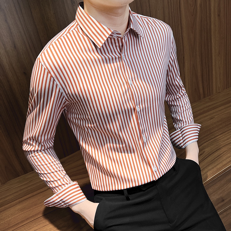 条纹衬衫男长袖韩版收腰潮流帅气修身正装衬衣英伦风上班衬衣男装