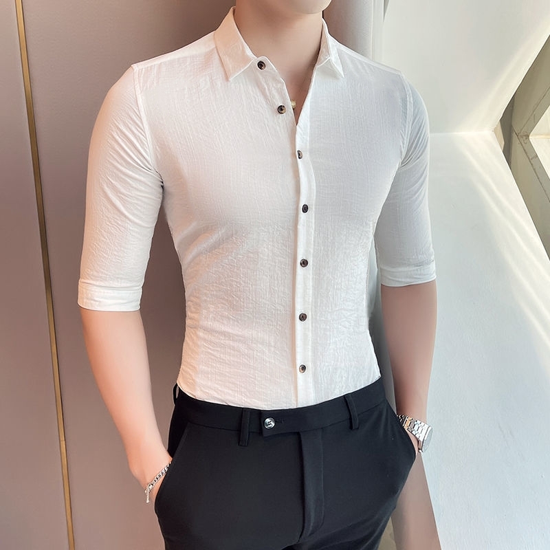 夏季衬衫休闲男士中袖韩版修身潮流短袖发型师白色七分袖衬衣帅气